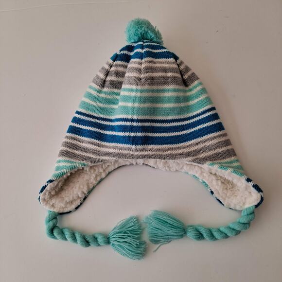 Lands' End Peruvian Trapper Hat Sherpa Fleece Lined Blue Gray Striped Girls M-L - Picture 3 of 7